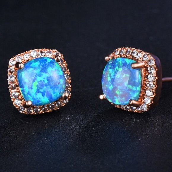 NEW 18K Rose Gold Blue Opal Diamond Halo Earrings - Picture 3 of 6